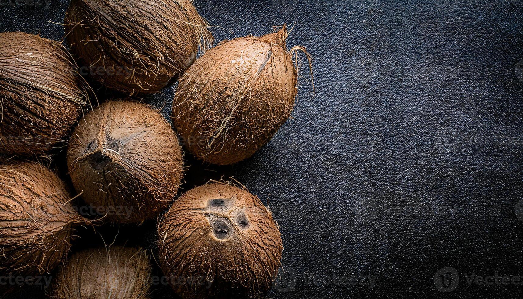 top-down view of rustic whole coconuts with textured shells on a dark natural background, tropical organic fruit arrangement for culinary and lifestyle use photo