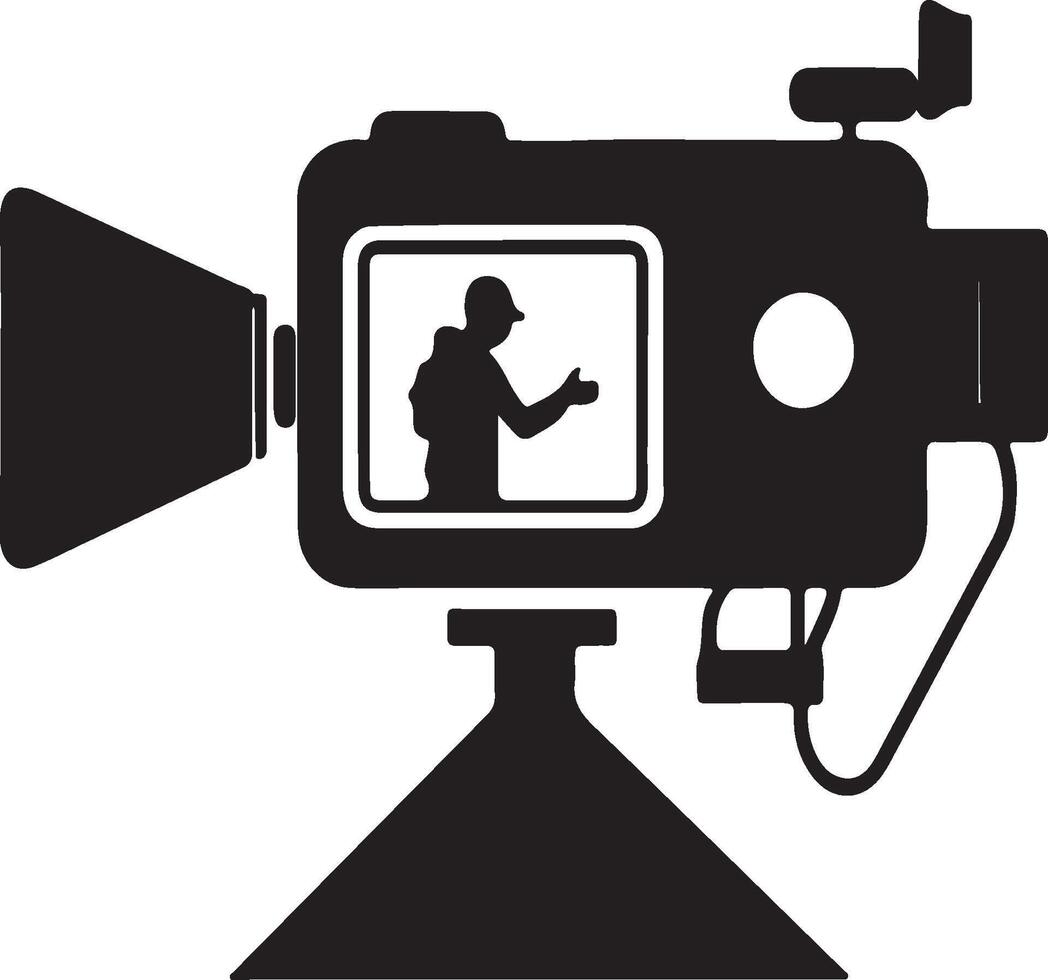 Camera icon silhouette of person speaking black and white graphic. vector