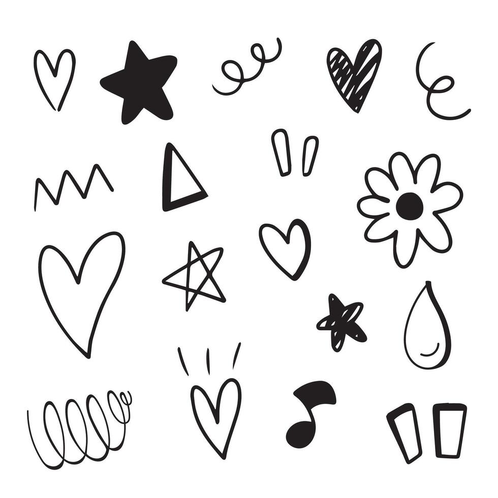 Doodle hand drawn with black line. Element of star, heart, roll and music. vector