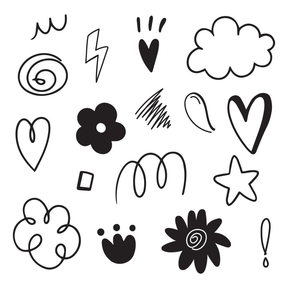 Doodle hand drawn with black line. Element of star, heart, spin and flower vector