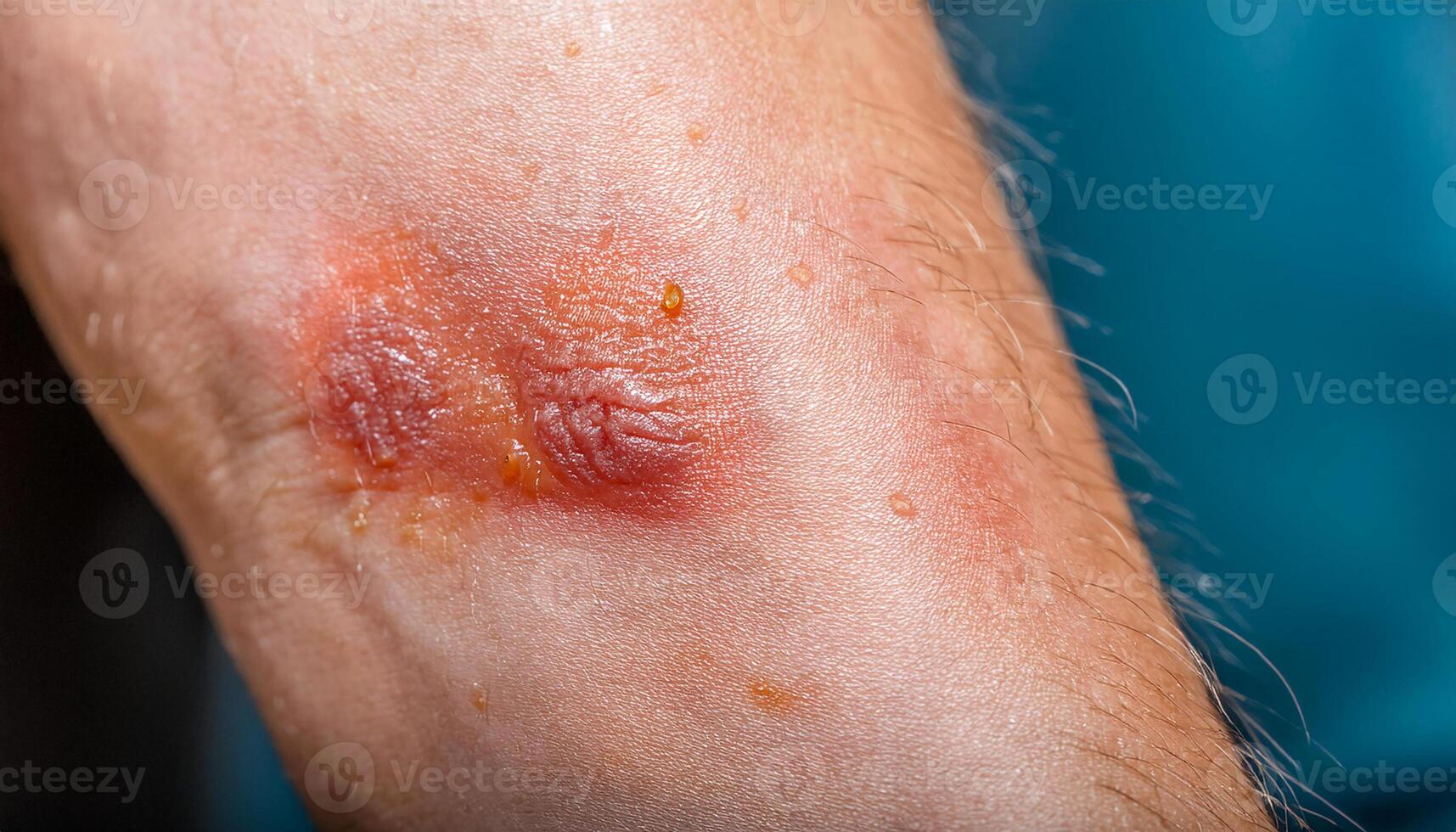 macro view of hives on the forearm with red raised patches and inflamed skin, detailed close-up on blue background photo