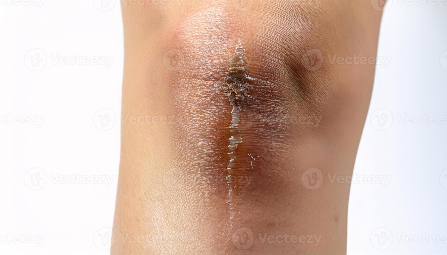 close-up of a scar on the shin caused by a fall on rocky terrain, featuring slightly jagged edges and textured healing in isolated white background photo
