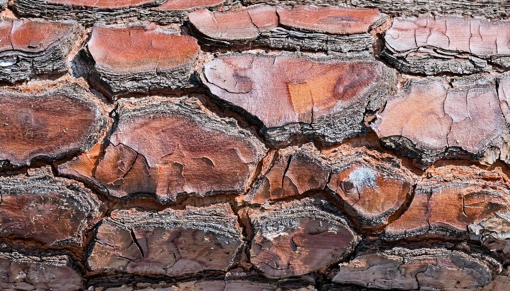 macro view of ancient pine tree bark with thick cracked ridges and vibrant orange and brown tones photo