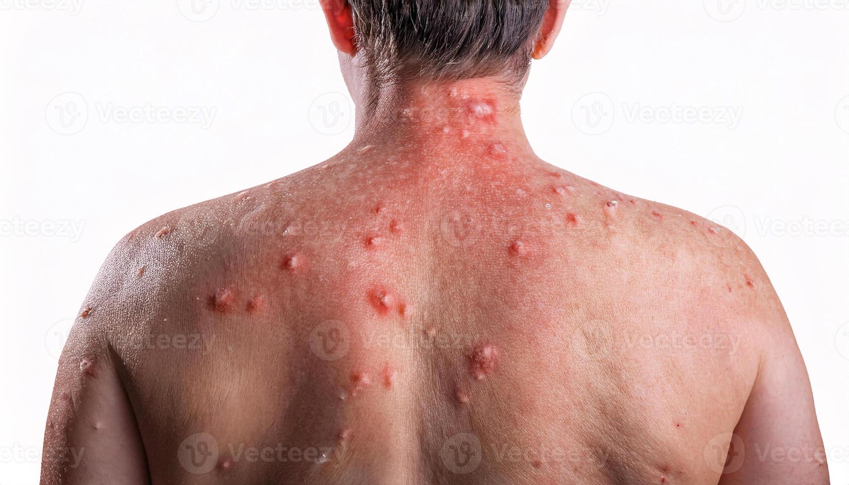 close-up of severe heat rash on the back with inflamed red bumps, sweat, and irritated skin for medical and dermatology purposes photo