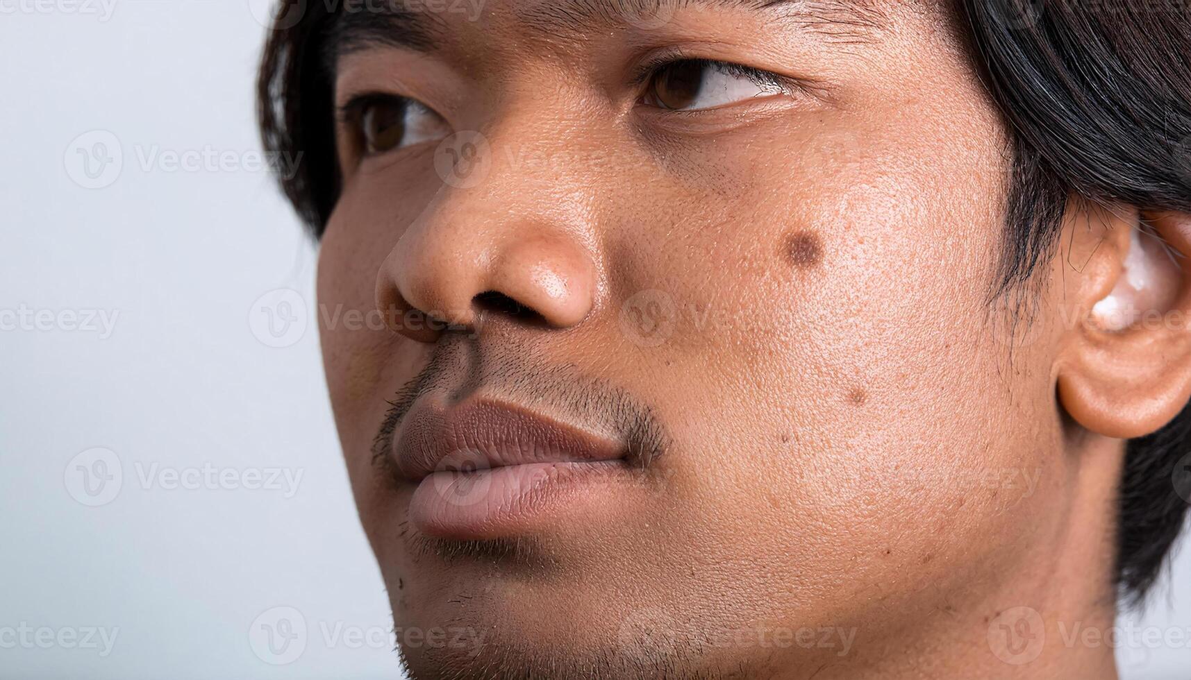 close-up of facial skin showing dark spots and hypopigmentation on a young man, highlighting skin discoloration and dermatological features for medical and cosmetic research purposes photo