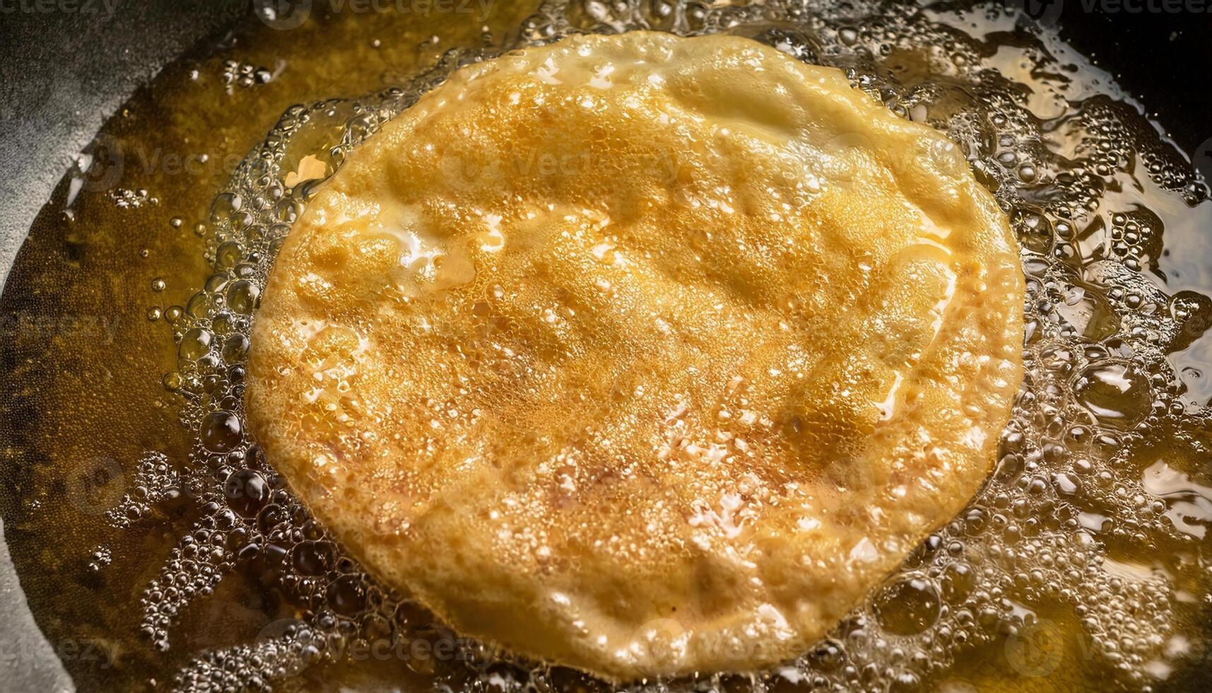 top view of crispy golden roti frying in bubbling hot oil showcasing detailed texture and frying process photo