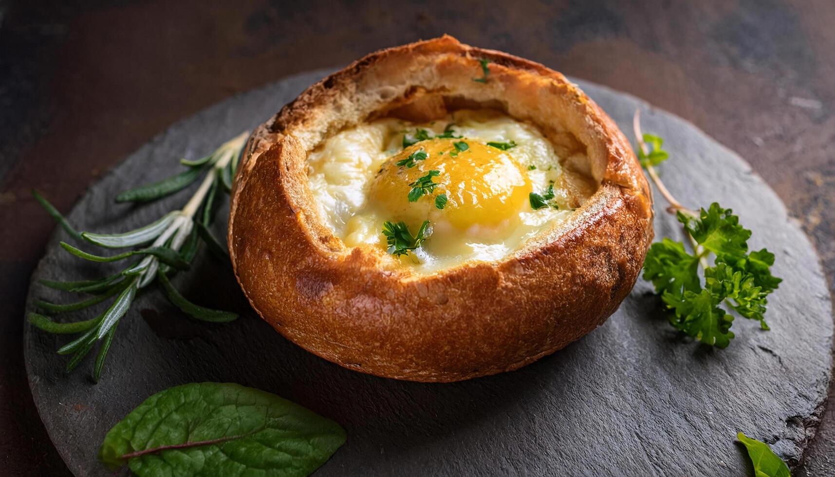 baked egg in bread bowl with melted cheese and fresh herbs served on slate plate for rustic culinary presentation photo