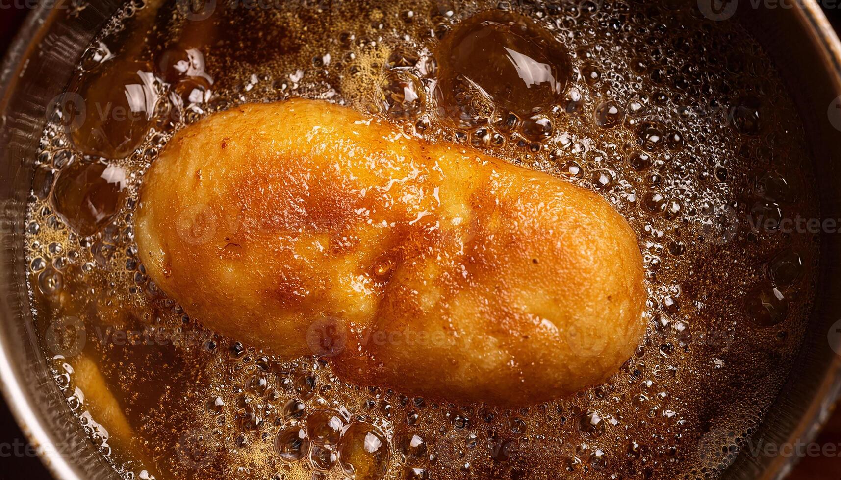 top view of golden potato dough frying in bubbling hot oil creating crispy textures with detailed frying process photo
