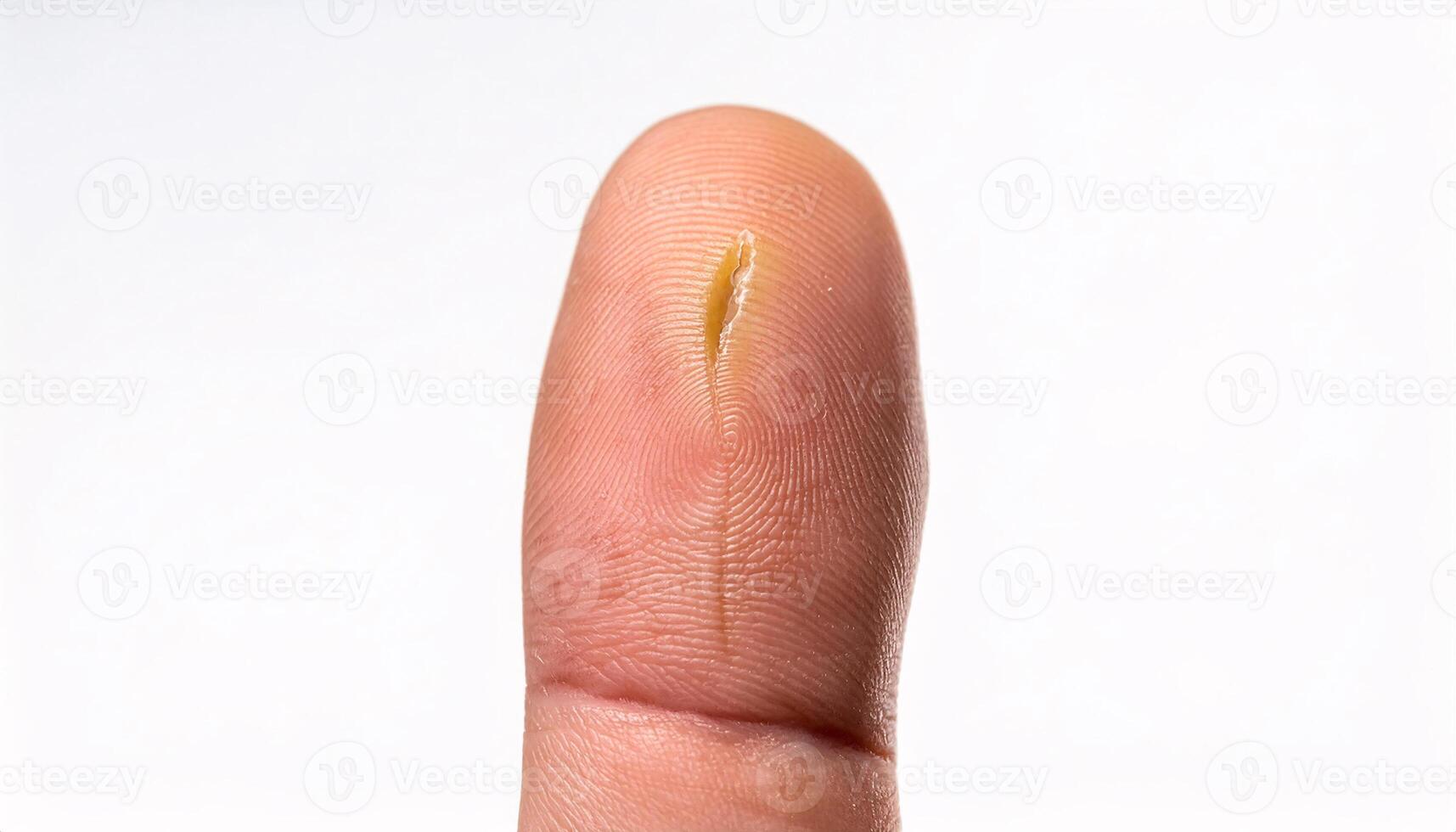 detailed close-up of a scar on a finger caused by a sharp knife during cooking, showing precise details of healing and textured skin in isolated white background photo