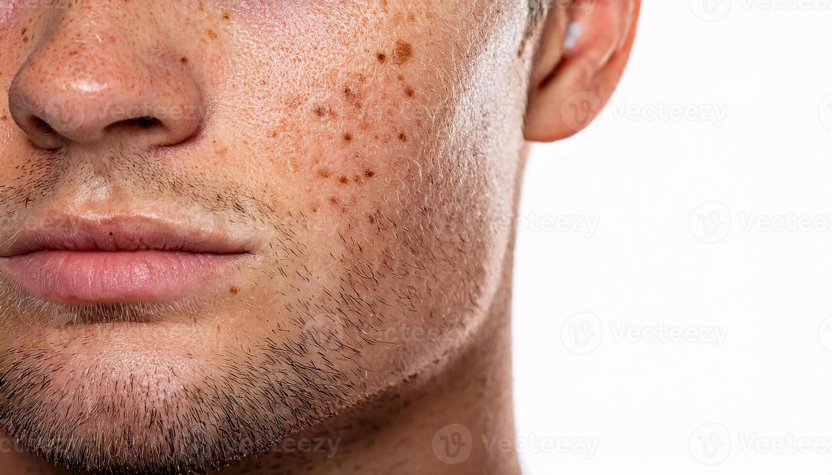 close-up of freckles on the cheek and jawline of a light-skinned man with natural skin pigmentation and facial hair, isolated on white for dermatological and beauty concepts photo