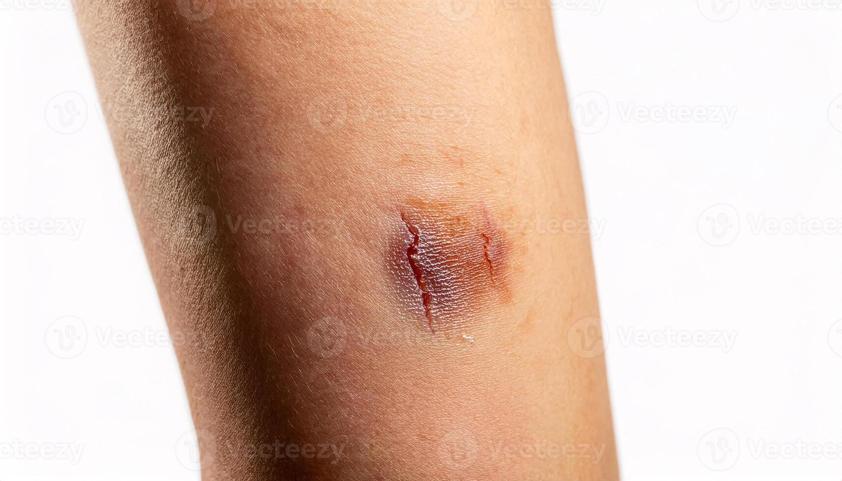 macro image of a scar on the thigh caused by a skateboarding accident, showing detailed healing process and scar discoloration in isolated white background photo