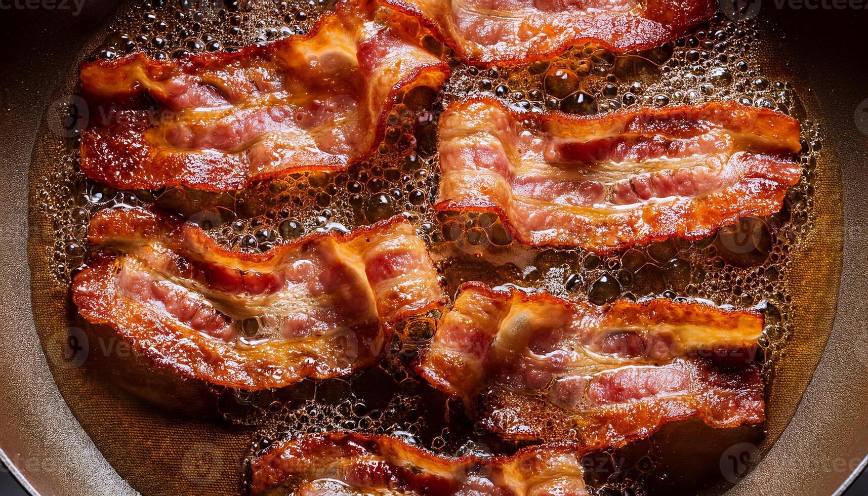 top view of crispy bacon slices frying in hot oil with bubbling textures and golden edges curling in a frying pan photo