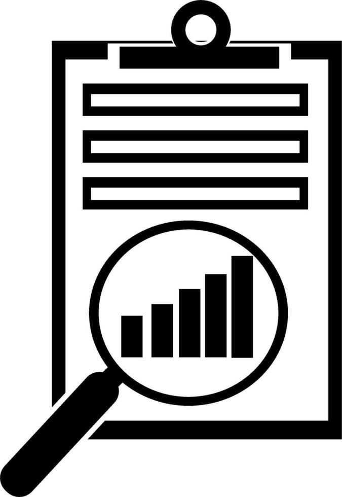 A black and white clipart icon of a clipboard with a magnifying glass vector