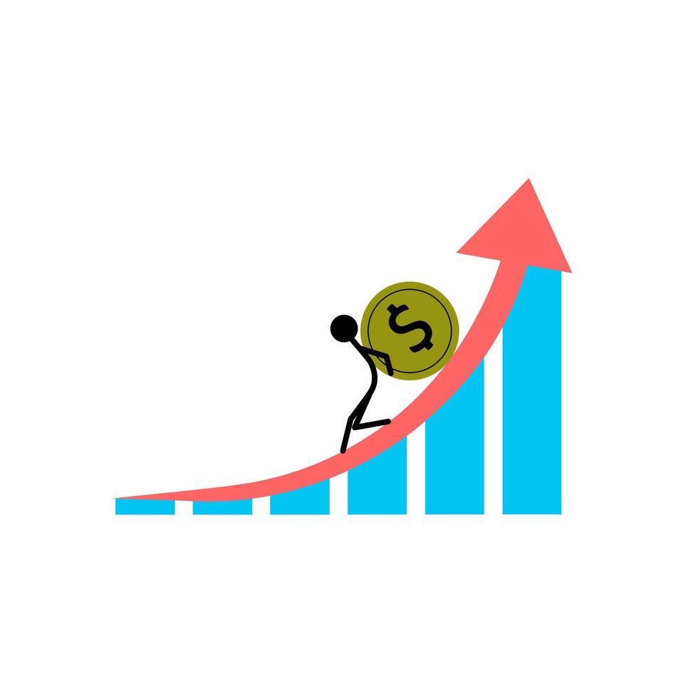 Illustration of work improvement, career growth, or performance to obtain the concept of success, progress, or challenge. someone is trying to push the coin up the chart. vector