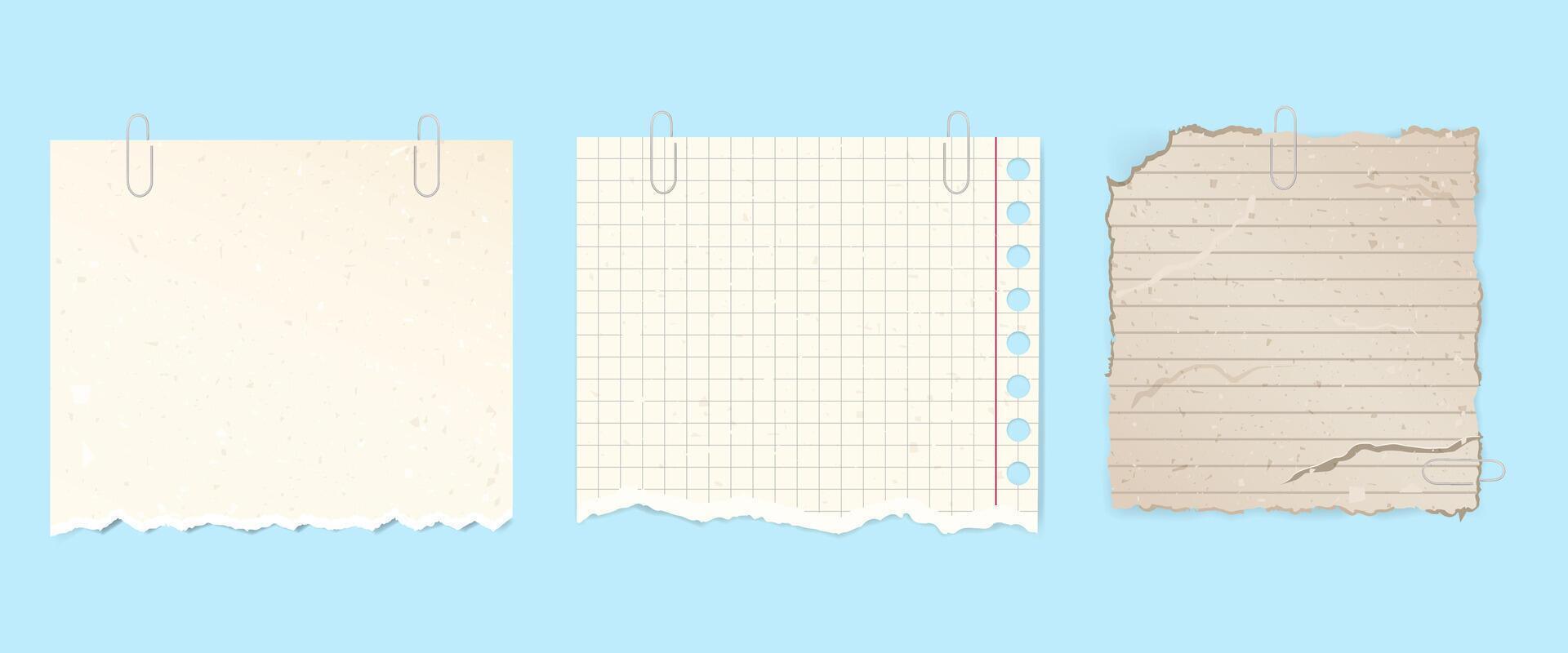 set of retro grunge stickers for notes, scraps of paper on a paper clip vector