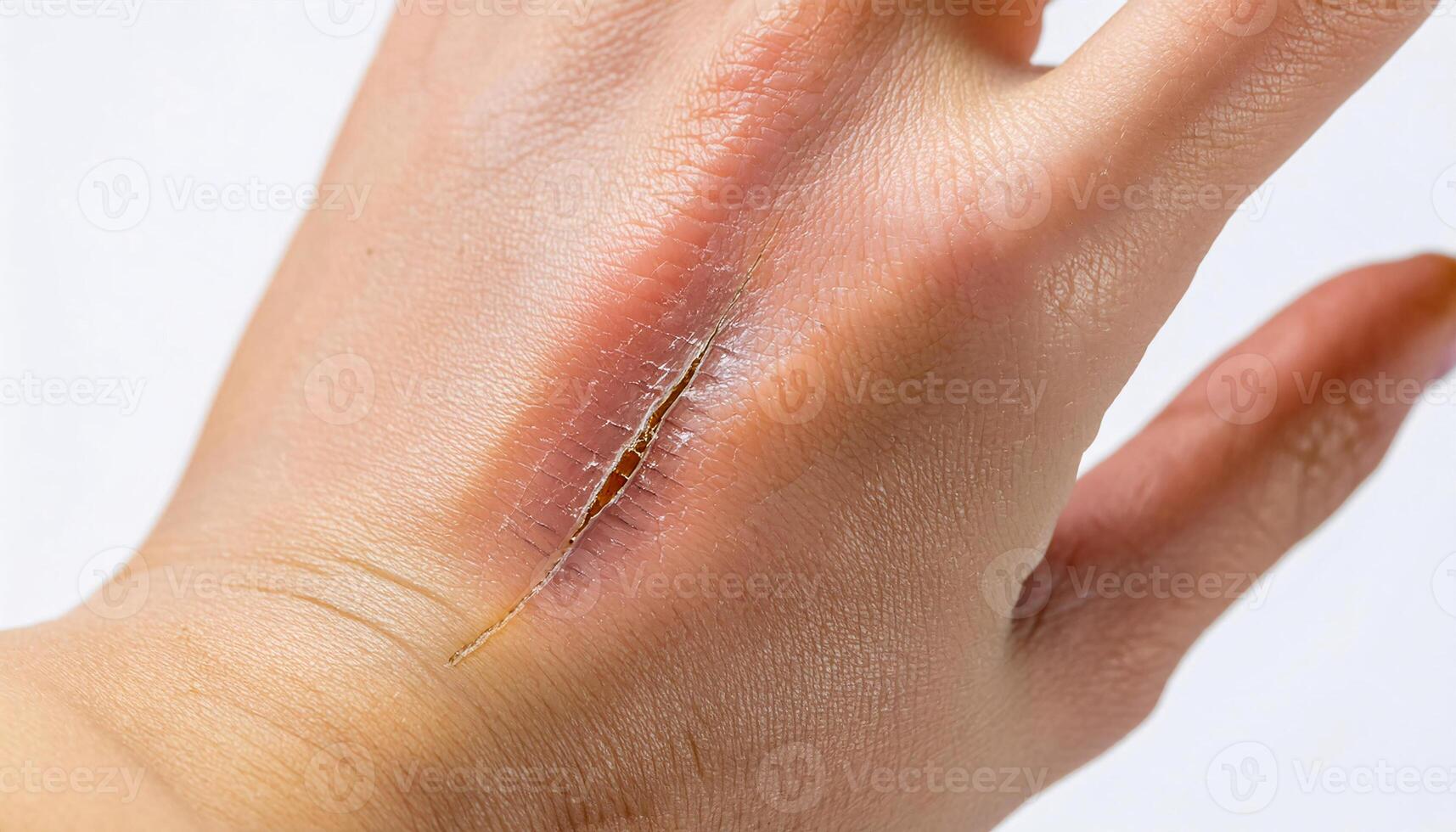 macro shot of a jagged scar from a glass laceration on the back of the hand, displaying healing process and precise texture in isolated white background photo