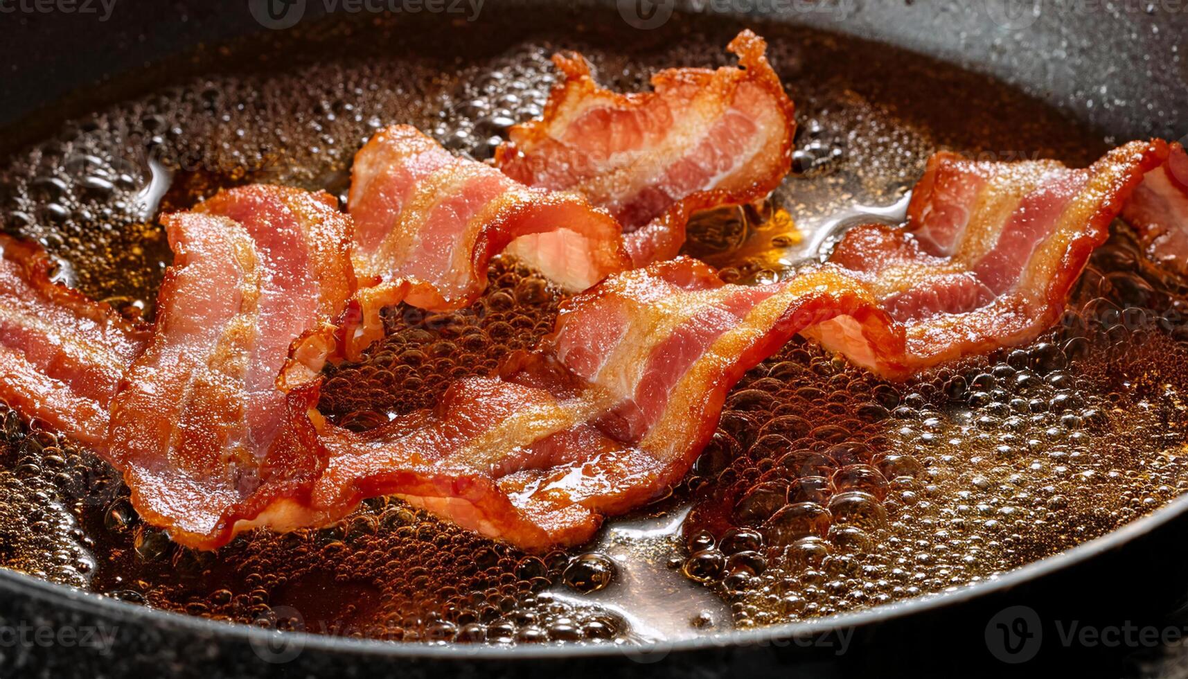 closeup of crispy bacon slices sizzling in hot oil with vibrant bubbling textures and golden edges photo