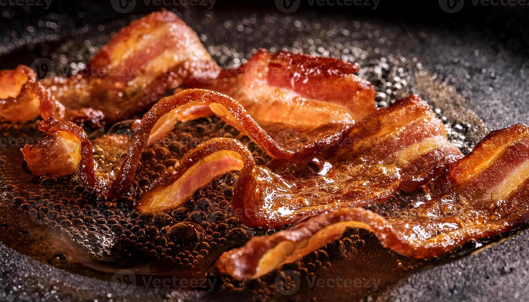 thin slices of bacon frying in sizzling hot oil with curling edges and bubbles forming around photo