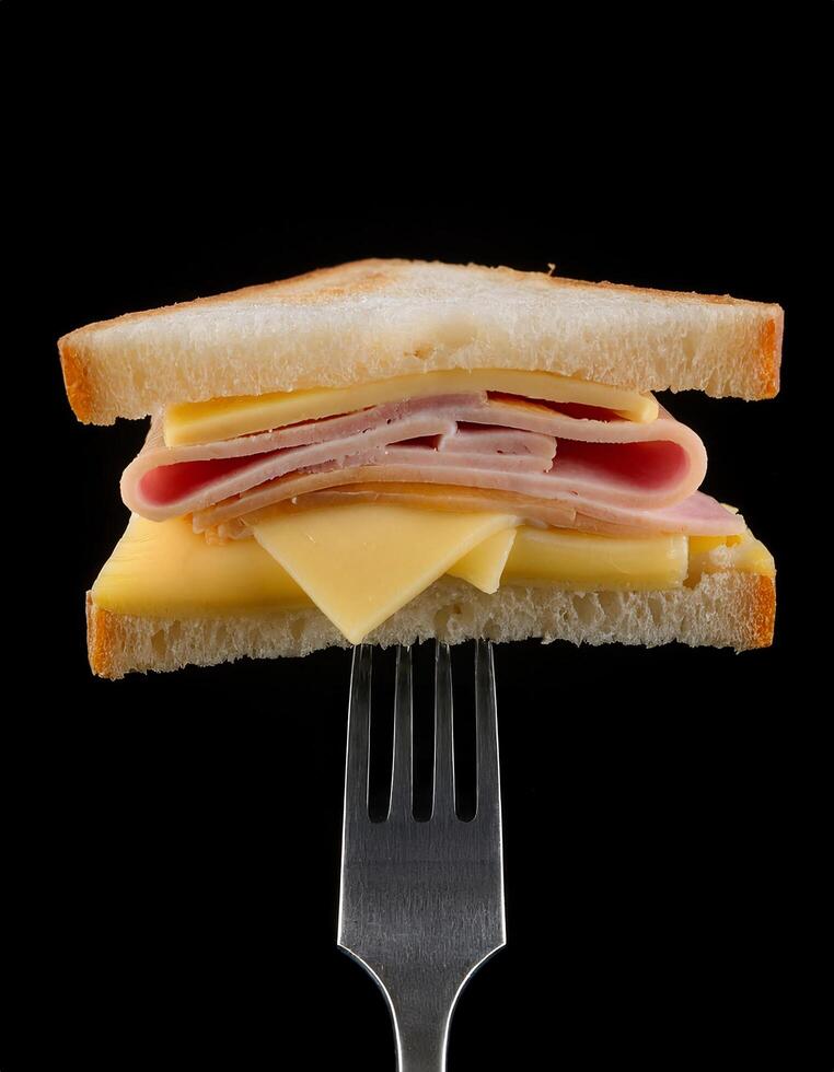 ham and cheese sandwich on toasted bread with layers of sliced ham and cheddar displayed on a sleek two-prong fork against black background photo