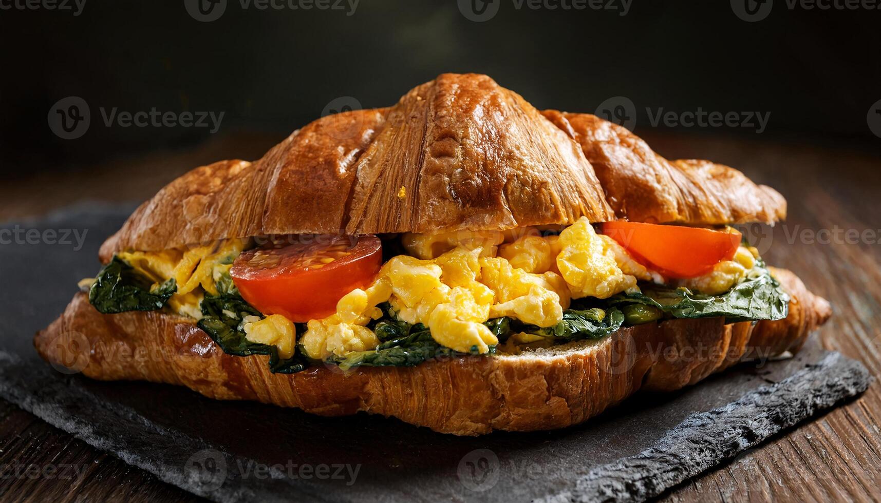 croissant sandwich with scrambled eggs, spinach, and tomato served on rustic wooden background photo