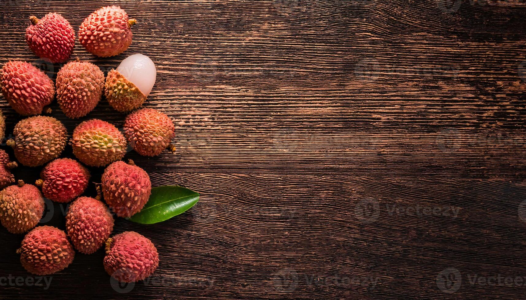 top-down view of fresh lychee fruits with pink-red textured skin and green leaves, arranged on a rustic wooden background, showcasing a peeled lychee revealing the white juicy flesh photo