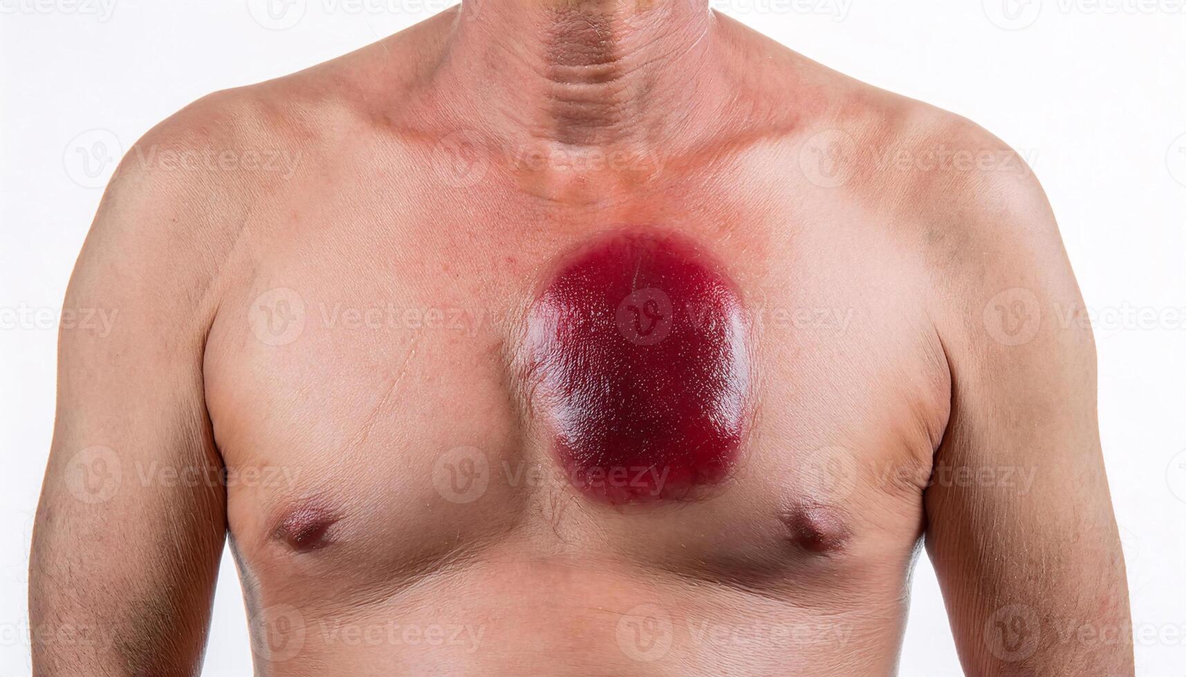 macro view of an enlarged cherry angioma on the chest with a bright red and glossy appearance, isolated on a clean white background photo
