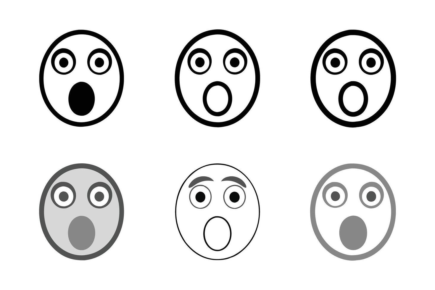 surprised emoji face with bold outlines showing astonishment and amazement, line art icon set vector
