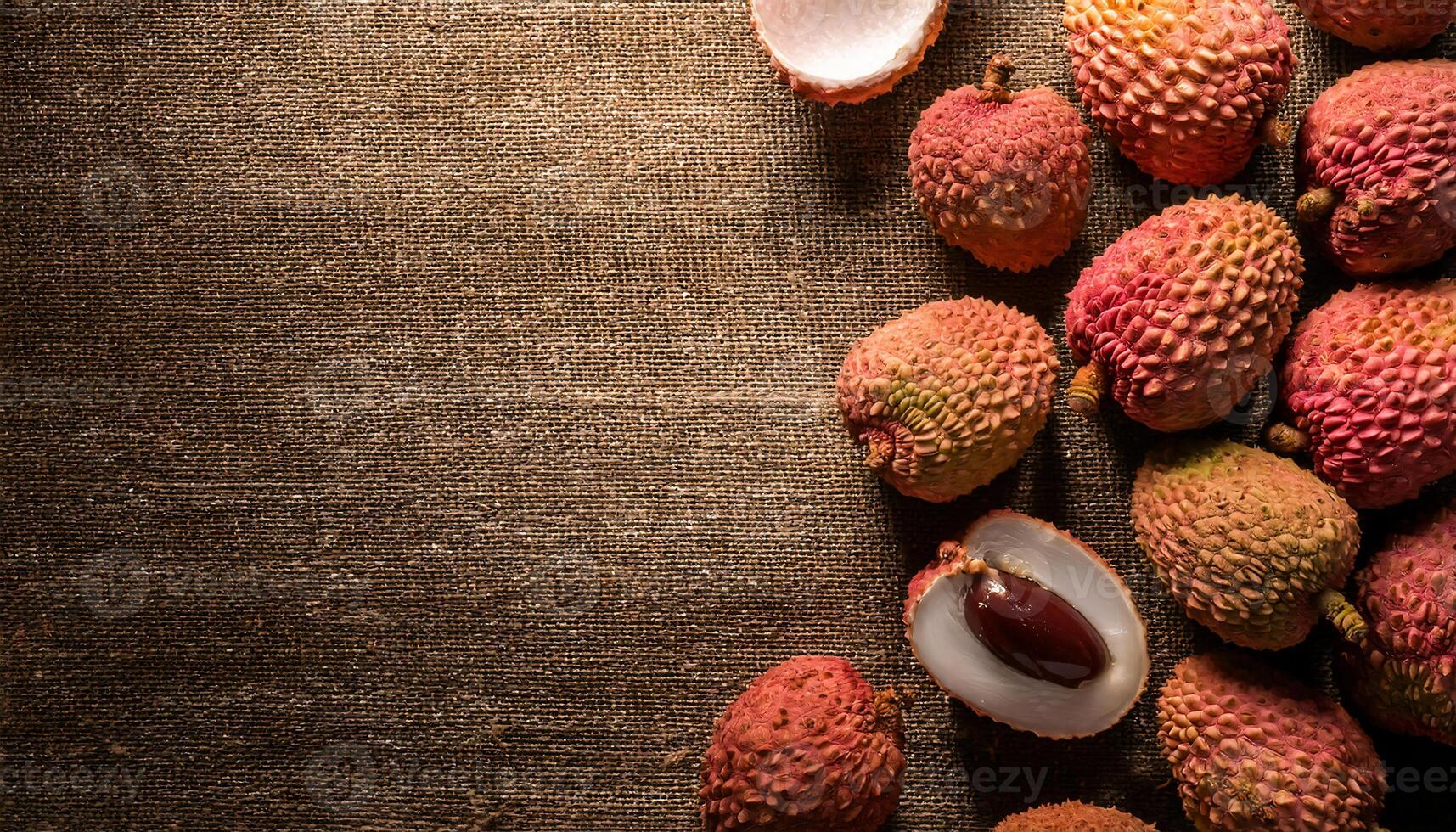top-down view of fresh lychee fruits with pink and red textured skin, arranged on a rustic burlap background, highlighting a split lychee with juicy white flesh and glossy brown seed photo