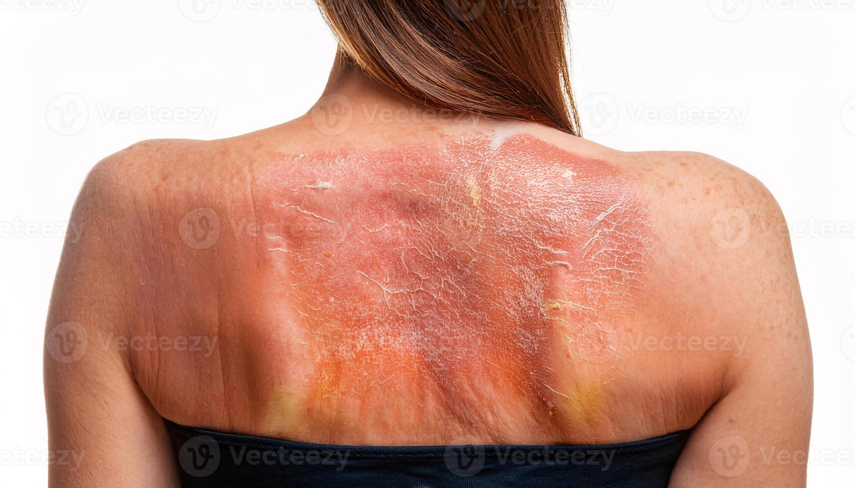 close-up of severe sunburn on the back, featuring redness, peeling skin, and irritation, isolated on a white background photo