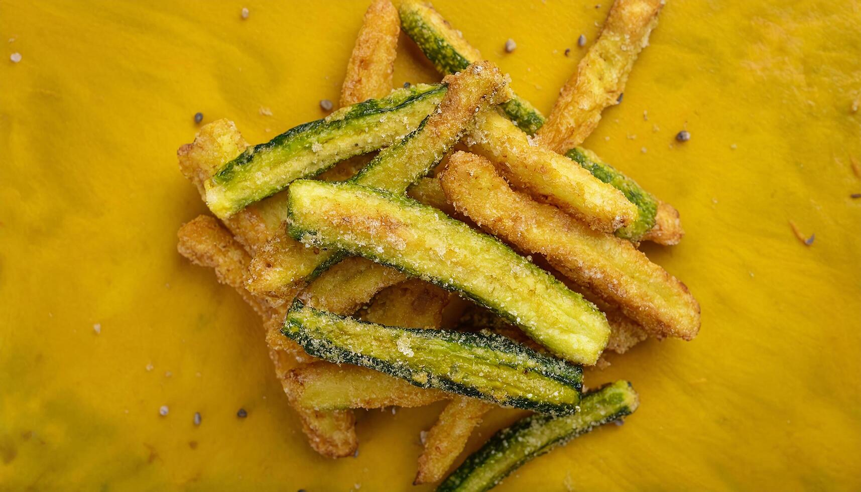 a mound of crispy golden zucchini fries with light breading and seasoning, served as a healthy snack or appetizer photo