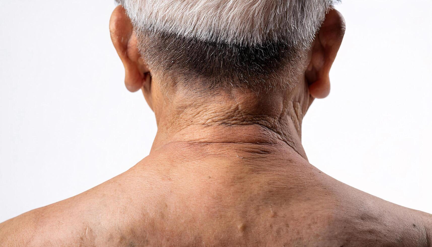 close-up of aged neck with visible wrinkles, folds, and uneven skin texture showing age-related changes on isolated white background photo