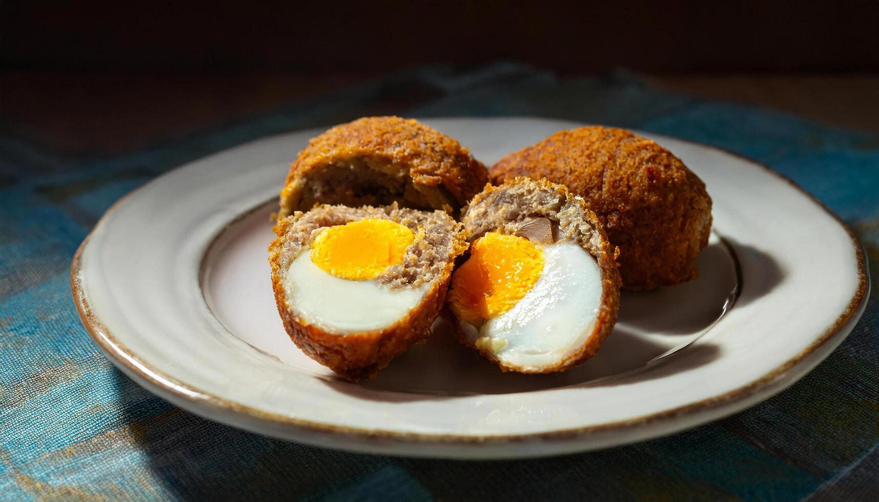 plate of scotch eggs sliced in half with golden yolk and crispy meat coating photo