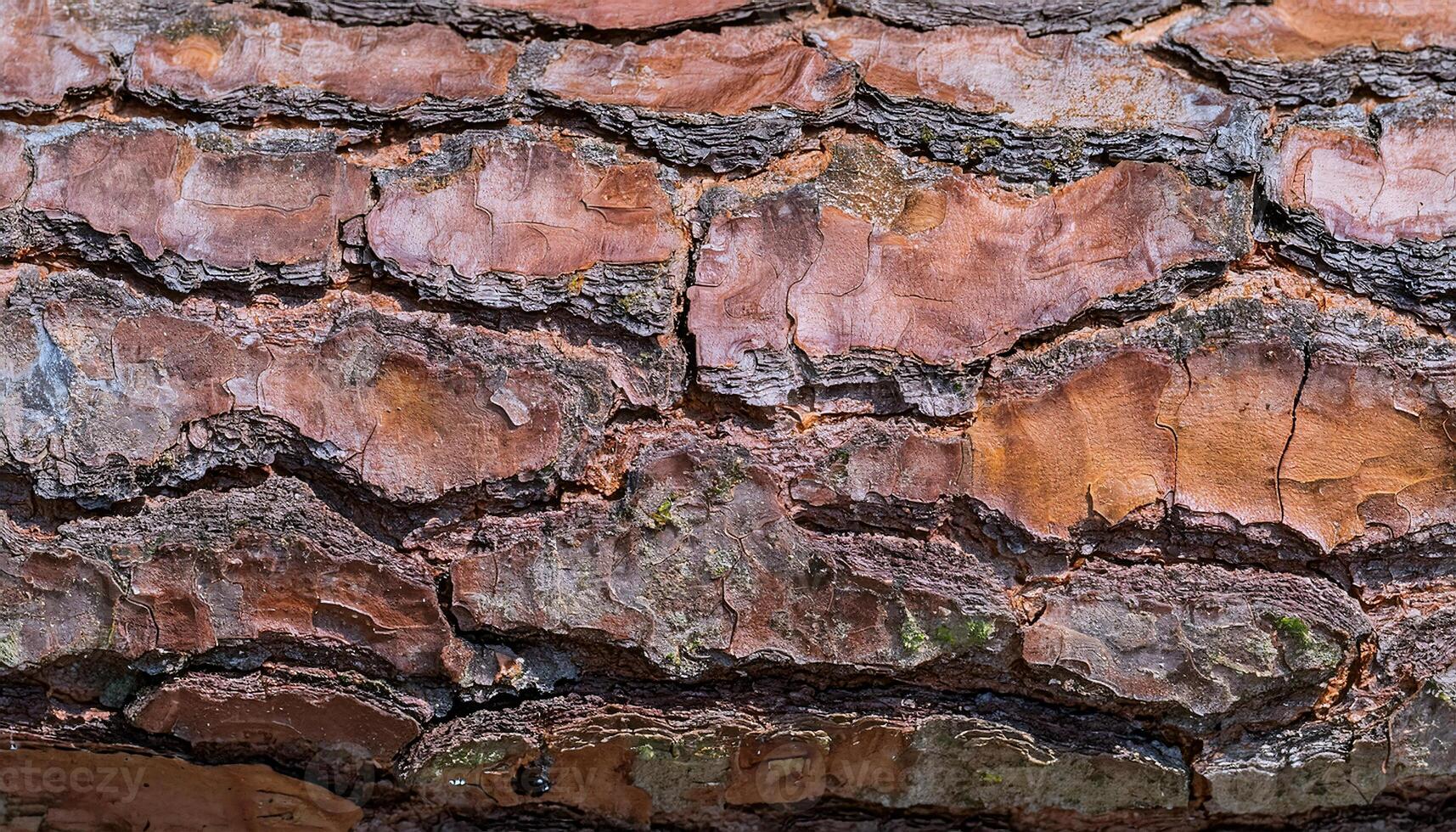 close-up of spruce bark with rough flaky texture and natural resin streaks in earthy tones photo