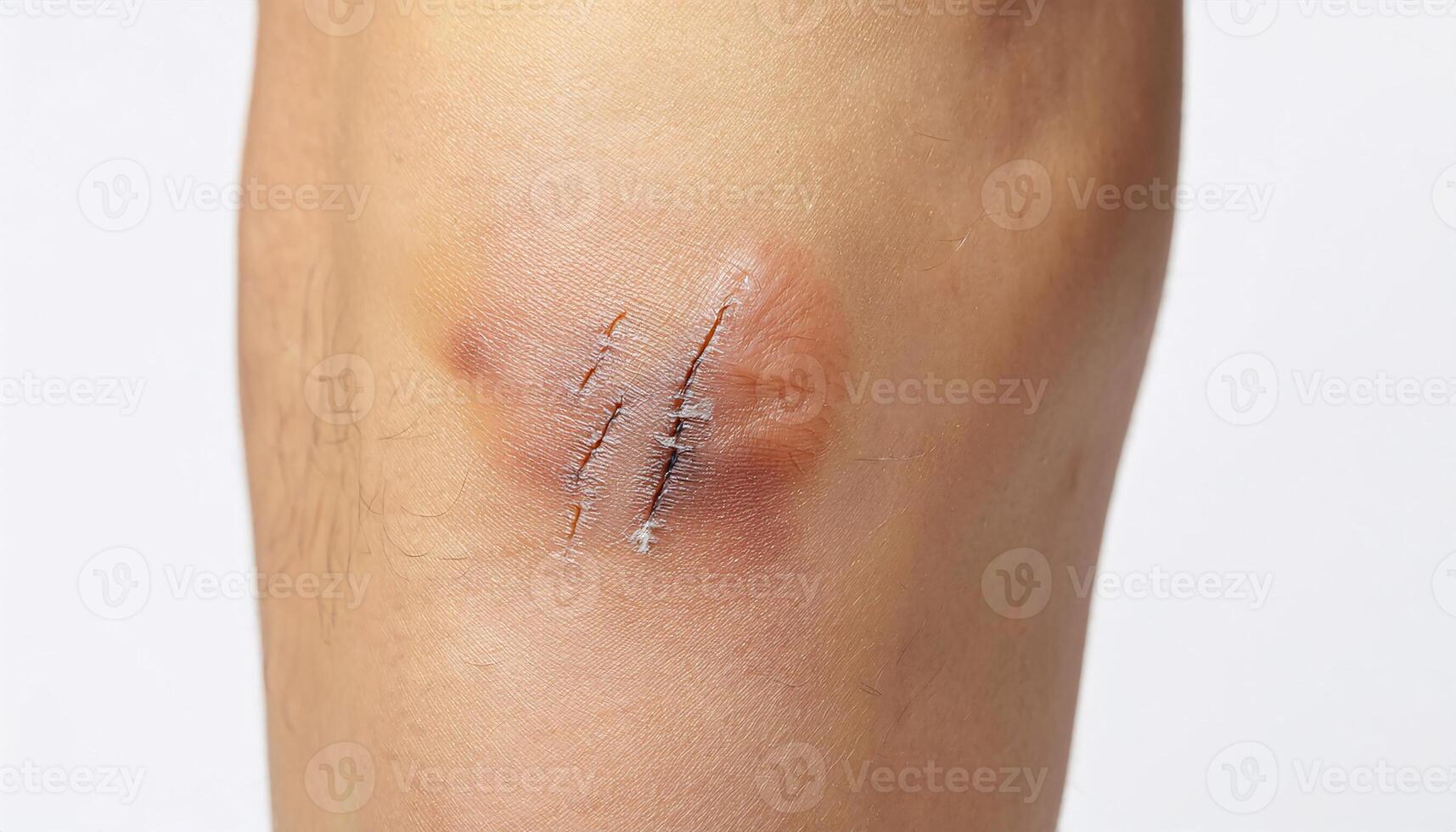 detailed view of a stitched scar on the lower leg caused by an accident, showing healing process and texture in isolated white background photo
