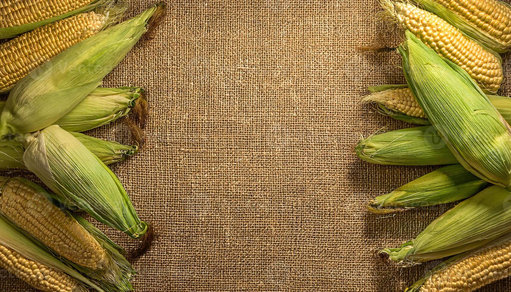 fresh corn cobs with green husks symmetrically arranged on rustic burlap background for natural food and organic farming concepts photo