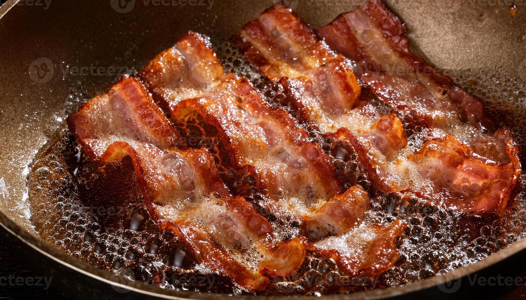 top view of crispy bacon strips frying in hot oil with bubbling textures and curling golden edges photo