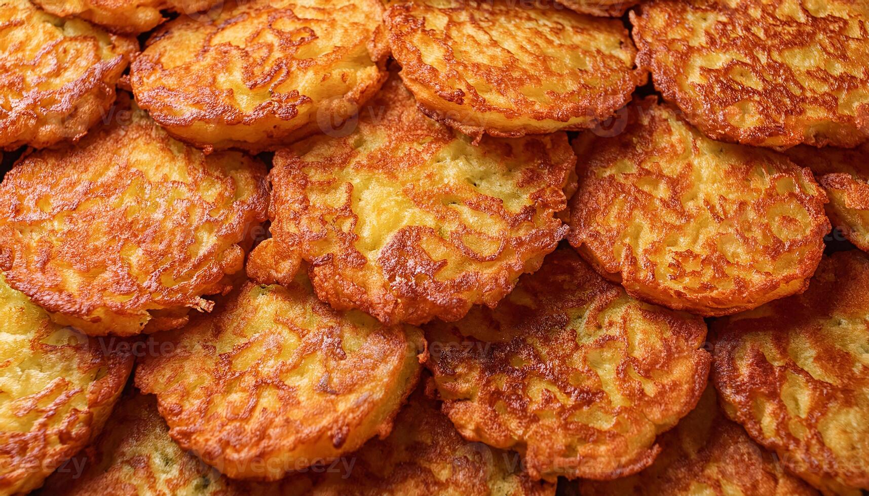 pile of crispy golden hash browns layered chaotically with crunchy texture and rustic details photo