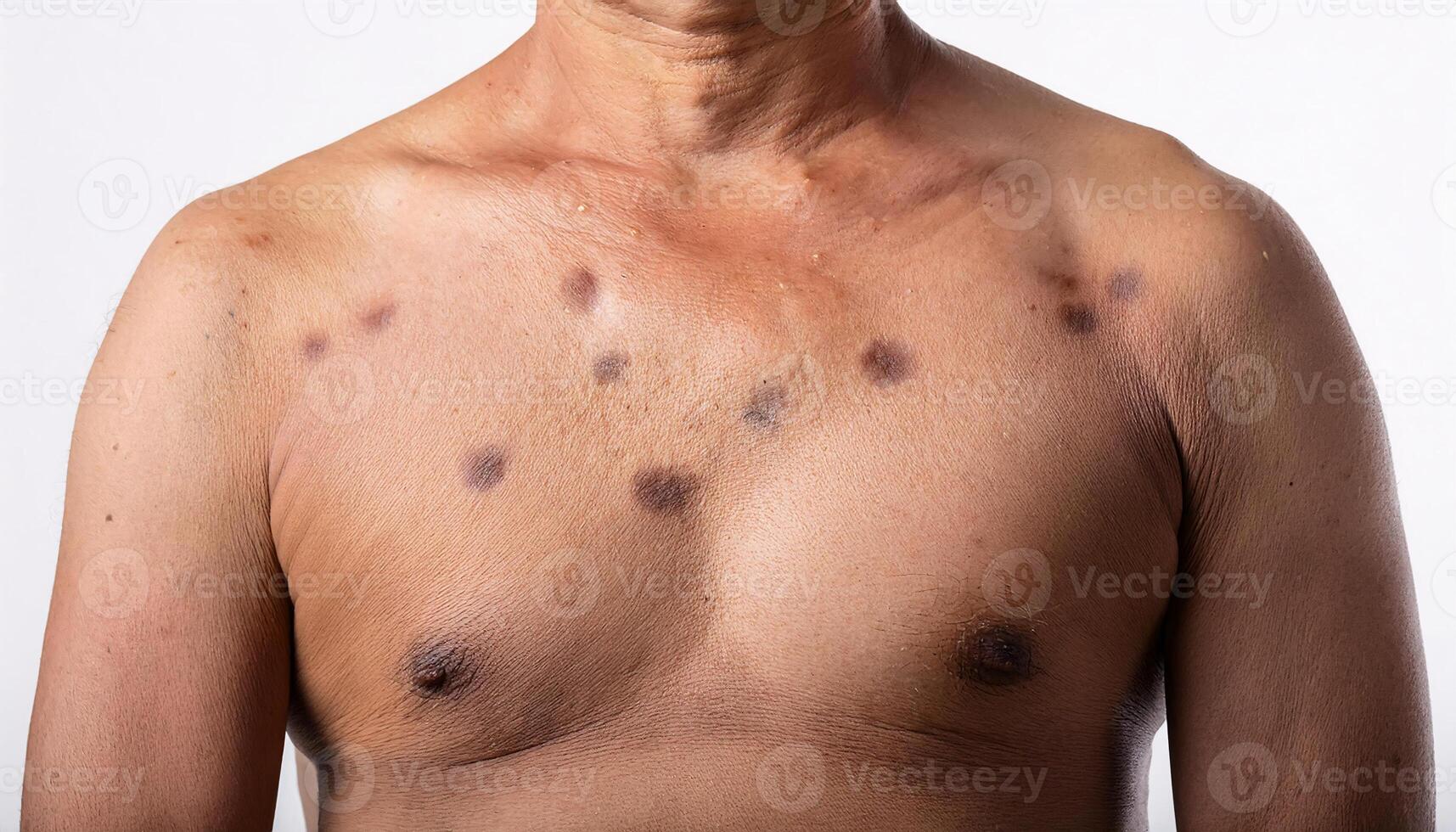 macro view of dark age spots on the chest with noticeable pigmentation and uneven skin tone in isolated white background photo