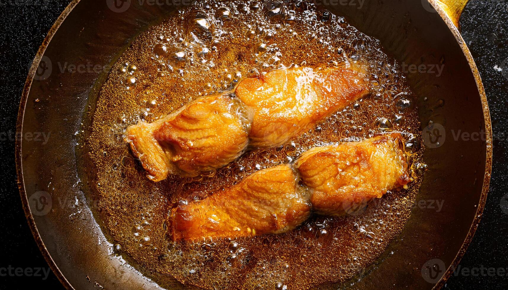 fish fillets frying in hot bubbling oil with golden brown textures forming during cooking in a skillet photo