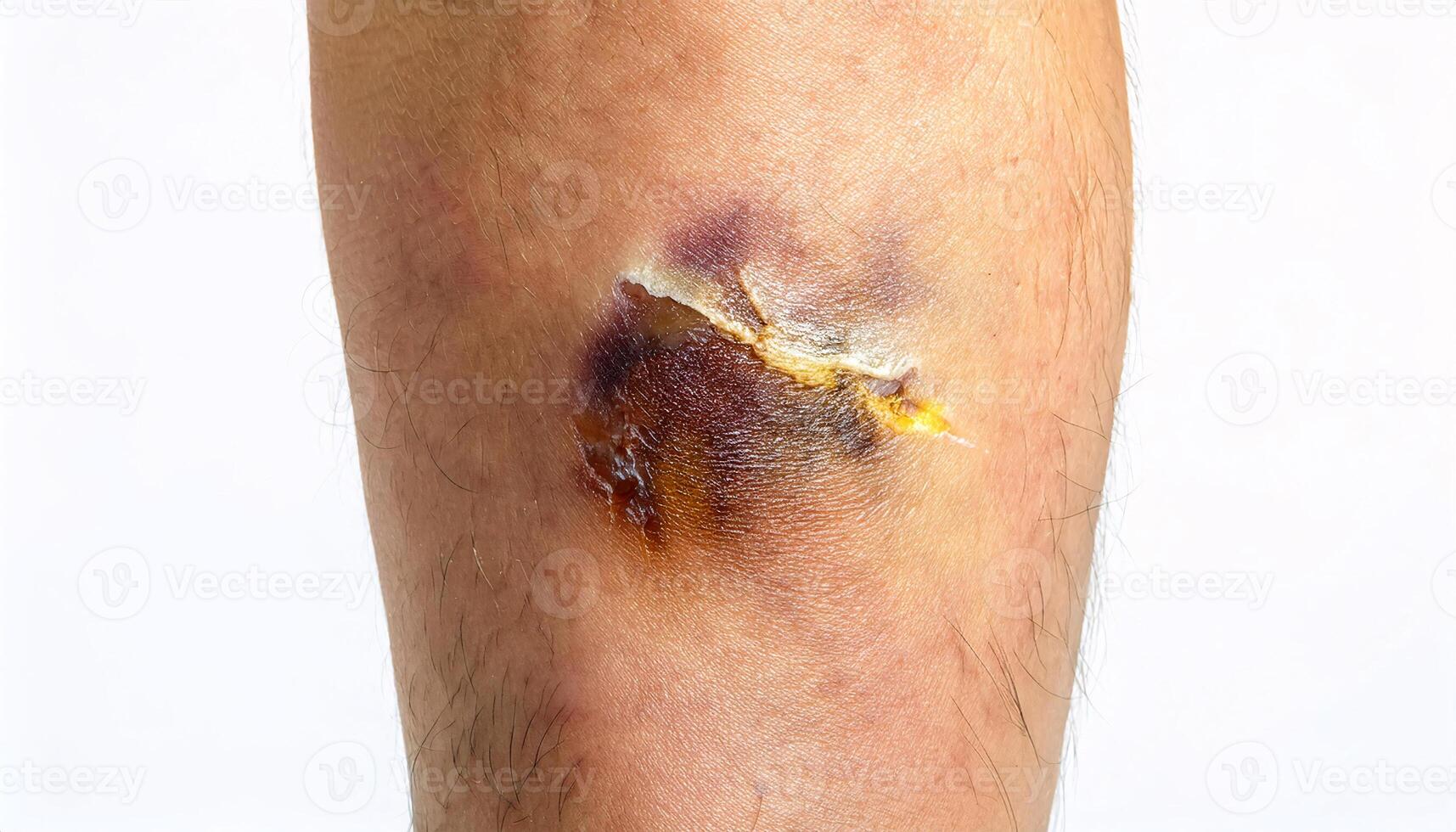 macro image of a severe burn scar on the lower leg from a radiator accident, showing discoloration and healing texture in isolated white background photo