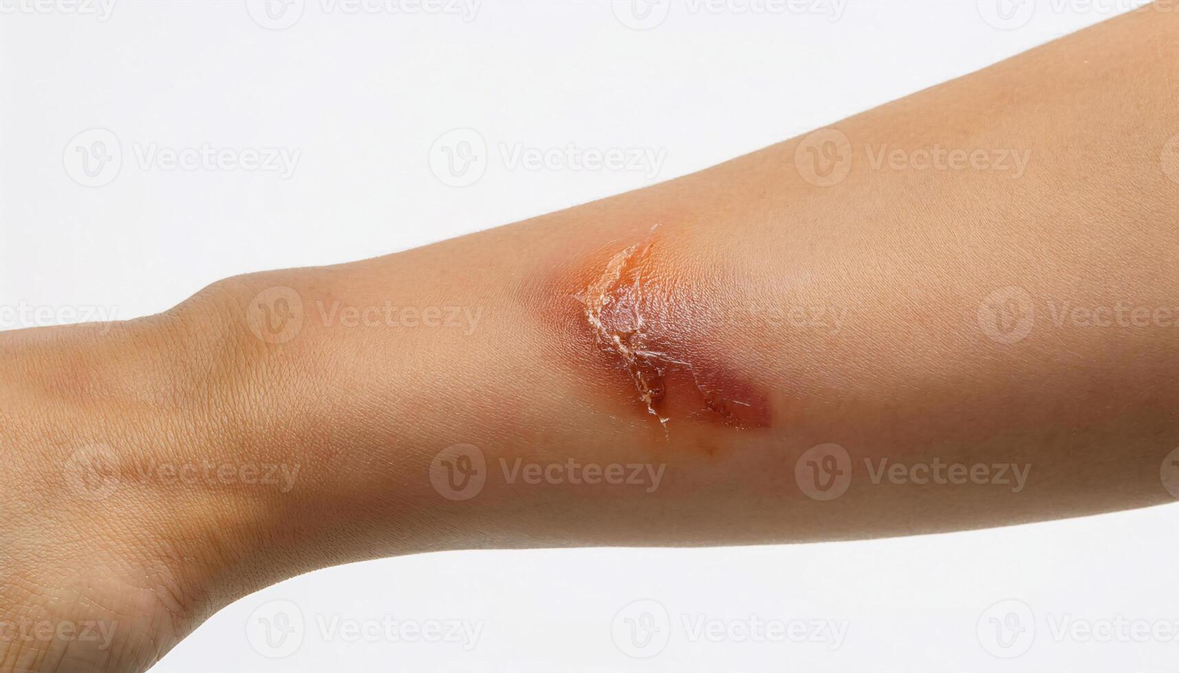 detailed image of a scar caused by a stovetop burn on the forearm with slight redness and visible healing texture on isolated white background photo