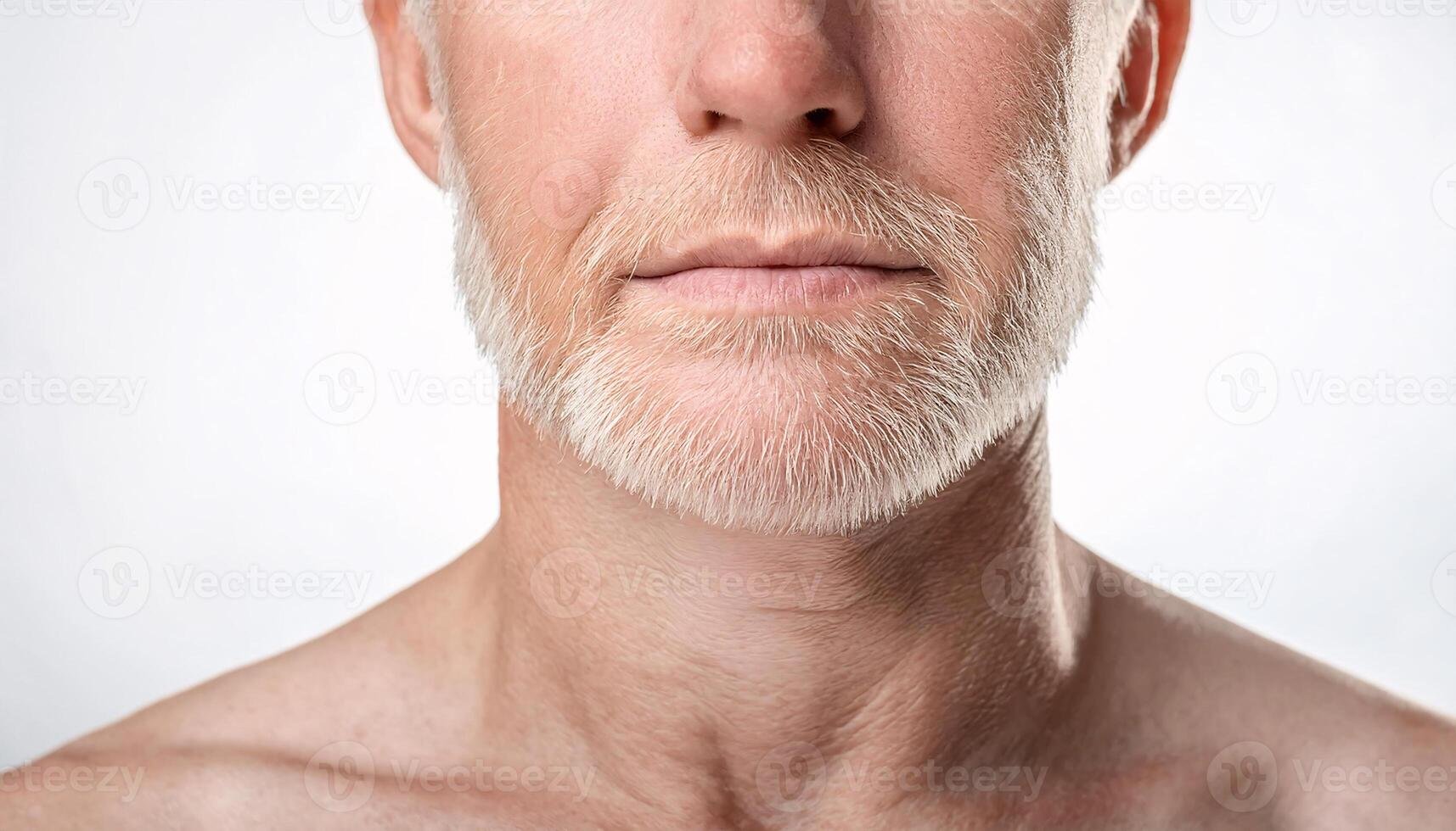 close-up of mature male with albinism featuring white beard, smooth pale skin texture, and defined facial features on white background for medical and educational purposes photo