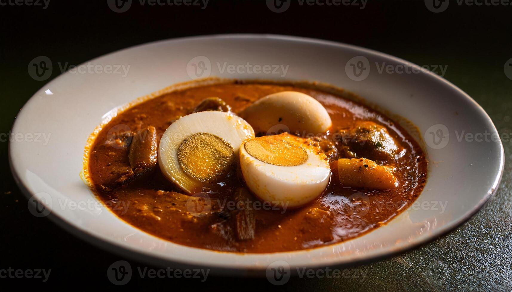 detailed close-up of egg curry dish with boiled eggs in rich spicy gravy served in white plate photo