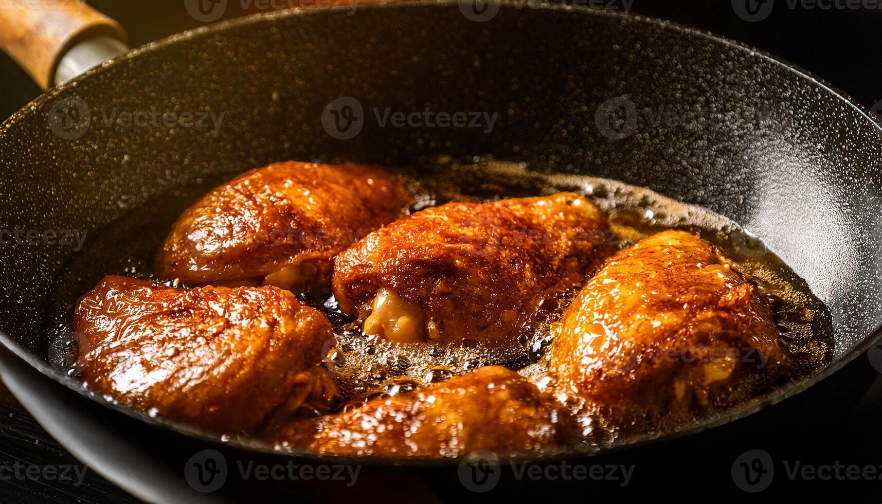 marinated chicken thighs frying in hot oil with golden brown textures in a nonstick frying pan photo