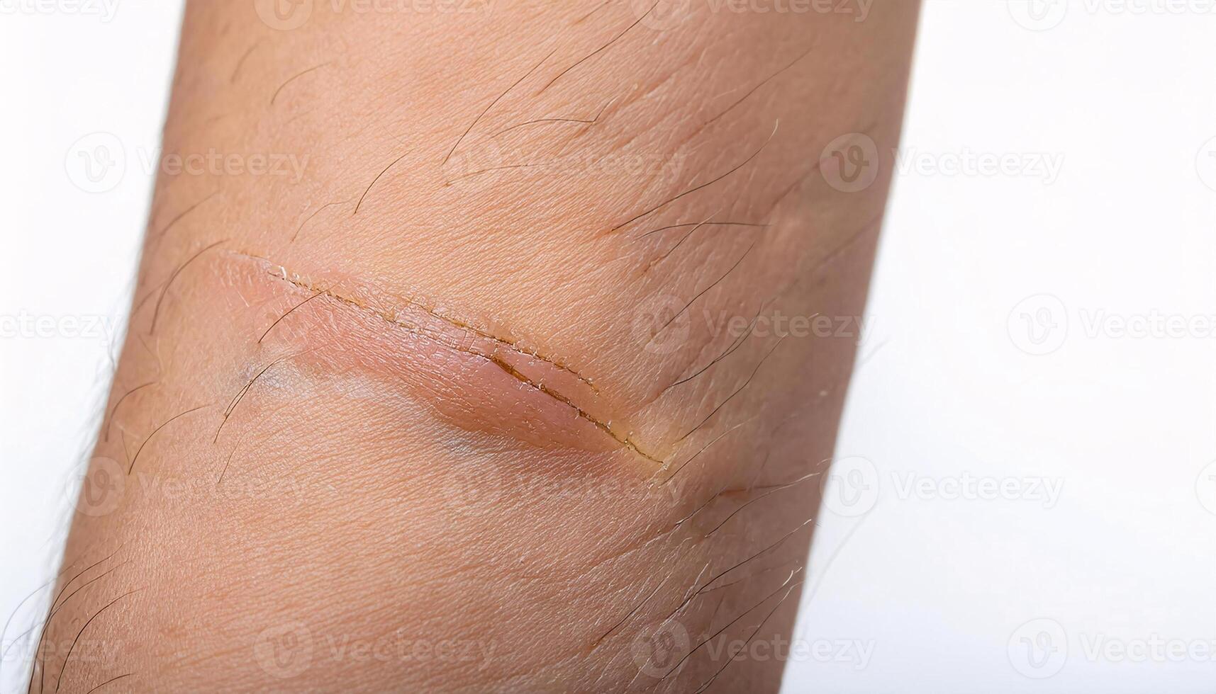Macro view of a scar on the wrist caused by an old sewing injury, isolated white background photo