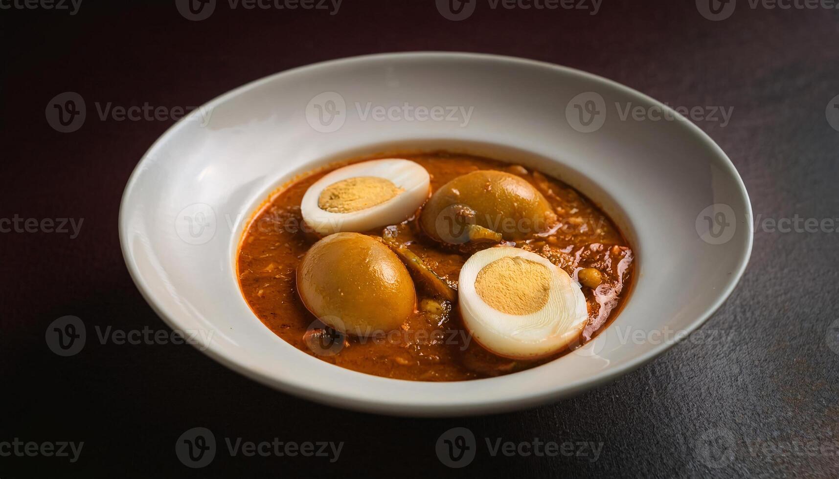 close-up of egg curry dish with boiled eggs in rich spicy gravy served in white bowl photo