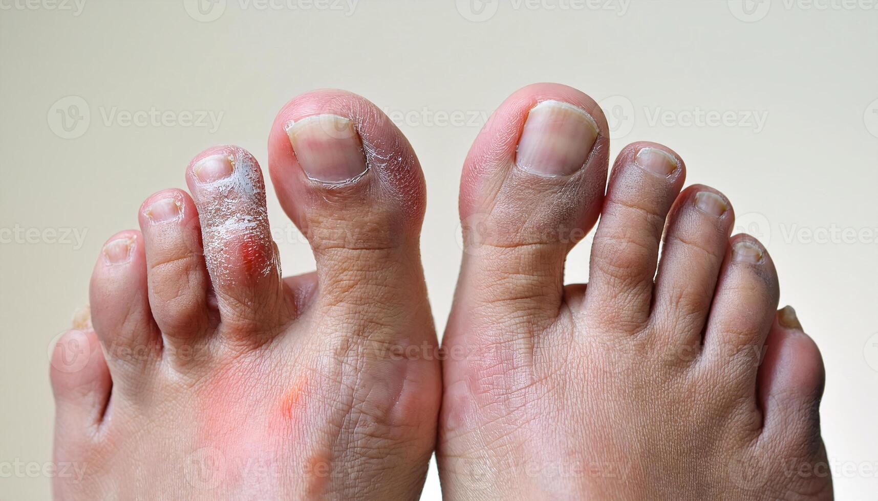 close-up of athlete's foot showing redness, scaling, and cracked skin between toes, highlighting fungal infection symptoms on neutral background for medical and educational use photo