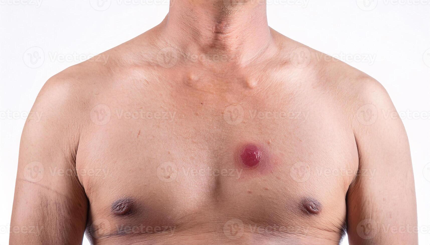 macro view of a cherry angioma on the chest with a bright red raised appearance, isolated on a clean white background photo