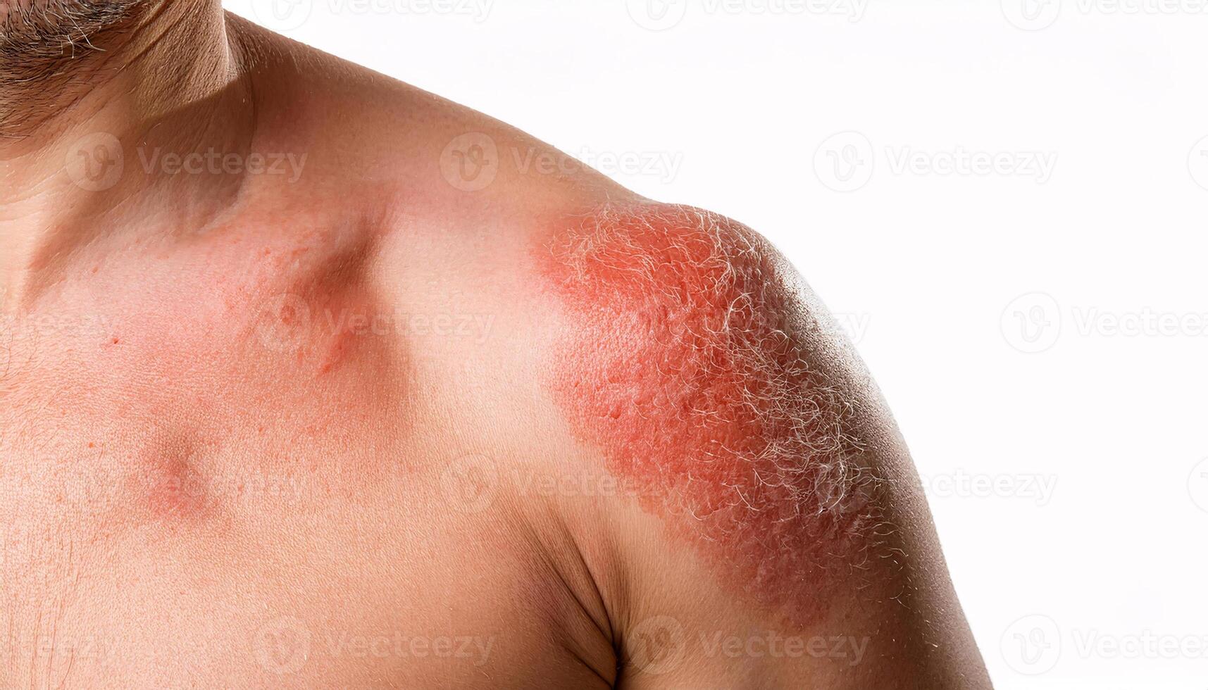 close-up of sunburned shoulder showing redness, peeling, and inflamed skin texture, isolated on white background photo