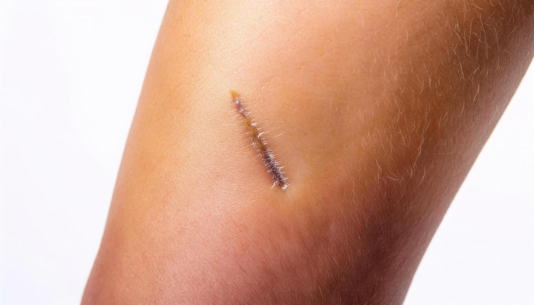 macro image of a scar on the thigh caused by a skateboarding accident, showing detailed healing stitches and precise scar texture in isolated white background photo